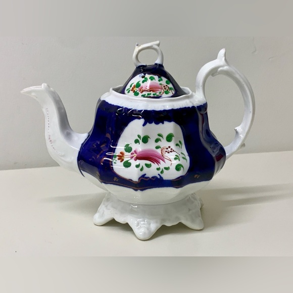 19th Century Antique Gaudy Welsh Feather Pattern Ring Finial Lidded Teapot - Picture 15 of 16